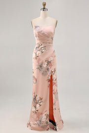 Blush Sheath Strapless Satin Print Long Flower Bridesmaid Dress with Slit