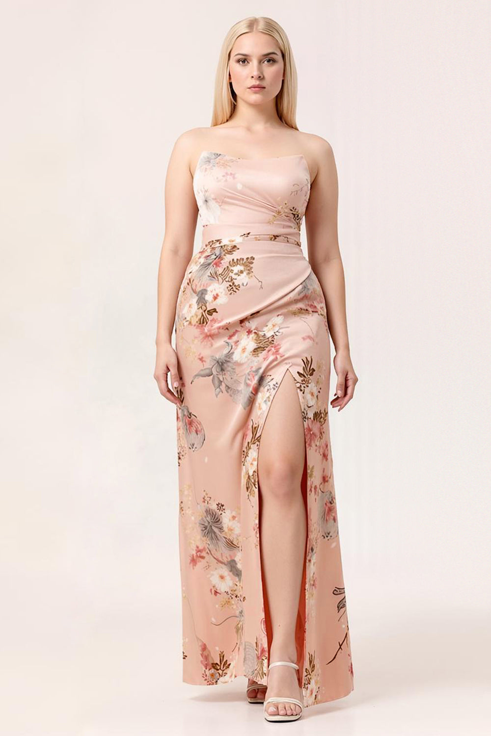 WEDTREND Women Plus Size Blush Long Floral Bridesmaid Dress with Slit Sheath Strapless Print Satin Wedding Guest Dress WEDTREND Women Plus Size Blush Long Floral Bridesmaid Dress with Slit Sheath Strapless Print Satin Wedding Guest Dress