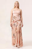 Blush Sheath Strapless Print Satin Long Floral Plus Size Bridesmaid Dress with Slit