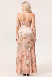 Blush Sheath Strapless Print Satin Long Floral Plus Size Bridesmaid Dress with Slit