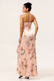 Blush Sheath Strapless Satin Print Long Flower Bridesmaid Dress with Slit