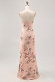 Blush Sheath Strapless Print Satin Long Floral Bridesmaid Dress with Slit