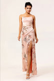 Blush Sheath Strapless Print Satin Long Floral Bridesmaid Dress with Slit
