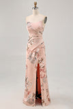 Blush Sheath Strapless Satin Print Long Flower Bridesmaid Dress with Slit