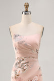 Blush Sheath Strapless Satin Print Long Flower Bridesmaid Dress with Slit