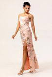 Blush Sheath Strapless Print Satin Long Floral Bridesmaid Dress with Slit