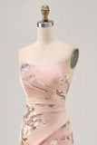 Blush Sheath Strapless Satin Print Long Flower Bridesmaid Dress with Slit