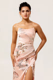 Blush Sheath Strapless Print Satin Long Floral Bridesmaid Dress with Slit