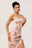 Blush Sheath Strapless Print Satin Long Floral Bridesmaid Dress with Slit