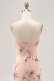 Blush Sheath Strapless Satin Print Long Flower Bridesmaid Dress with Slit