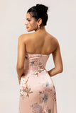 Blush Sheath Strapless Print Satin Long Floral Bridesmaid Dress with Slit