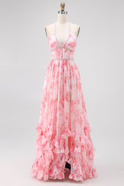 Blush A-line Open-Back Pearl-Embellished Ruffled Floral Long Chiffon Dress with Slit