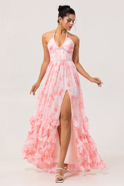 Blush A-Line Halter Pearls Corset Ruffle Chiffon Floral Dress with Slit