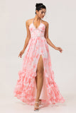 Blush A-Line Halter Pearls Corset Ruffle Chiffon Floral Dress with Slit