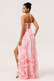 Blush A-Line Halter Pearls Corset Ruffle Chiffon Floral Dress with Slit