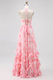 Blush A-Line Halter Pearls Corset Ruffle Chiffon Floral Dress with Slit