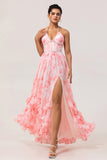 Blush A-line Open-Back Pearl-Embellished Ruffled Floral Long Chiffon Dress with Slit