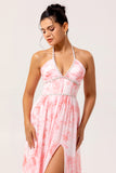 Blush A-Line Halter Pearls Corset Ruffle Chiffon Floral Dress with Slit