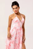 Blush A-Line Halter Pearls Corset Ruffle Chiffon Floral Dress with Slit