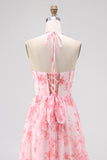 Blush A-line Open-Back Pearl-Embellished Ruffled Floral Long Chiffon Dress with Slit