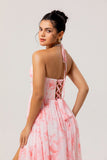 Blush A-Line Halter Pearls Corset Ruffle Chiffon Floral Dress with Slit