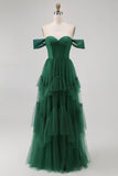 Emerald Green A-Line Off-Shoulder Tiered Tulle Long Evening Dress with Ruffles