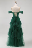 Emerald Green A-Line Off-Shoulder Tiered Tulle Long Evening Dress with Ruffles