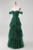 Emerald Green A-Line Off-Shoulder Tiered Tulle Long Evening Dress with Ruffles