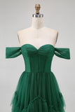 Emerald Green A-Line Off-Shoulder Tiered Tulle Long Evening Dress with Ruffles