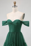 Emerald Green A-Line Off-Shoulder Tiered Tulle Long Evening Dress with Ruffles