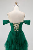 Emerald Green A-Line Off-Shoulder Tiered Tulle Long Evening Dress with Ruffles