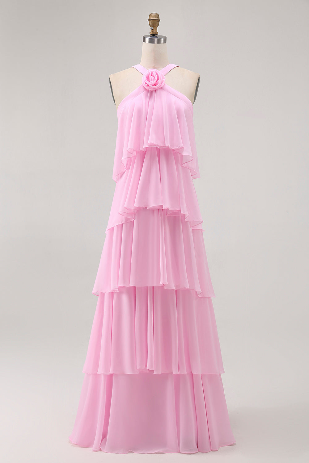 WEDTREND Women Elegant Candy Pink Long Bridesmaid Dress A-Line Halter Neck Tiered Backless Chiffon Maxi Dress with Rose Accent WEDTREND Women Elegant Candy Pink Long Bridesmaid Dress A-Line Halter Neck Tiered Backless Chiffon Maxi Dress with Rose Accent