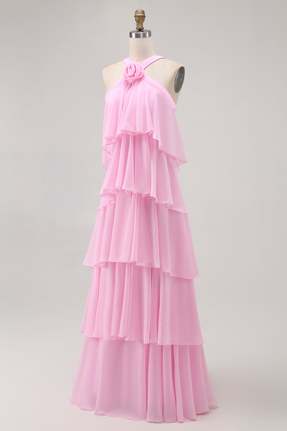 WEDTREND Women Elegant Candy Pink Long Bridesmaid Dress A-Line Halter Neck Tiered Backless Chiffon Maxi Dress with Rose Accent WEDTREND Women Elegant Candy Pink Long Bridesmaid Dress A-Line Halter Neck Tiered Backless Chiffon Maxi Dress with Rose Accent