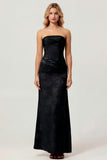 Sage Green Sheath Strapless Ruched Floral Jacquard Long Bridesmaid Dress with Side Slit