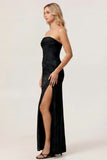 Sage Green Sheath Strapless Ruched Floral Jacquard Long Bridesmaid Dress with Side Slit