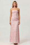 Sage Green Sheath Strapless Ruched Floral Jacquard Long Bridesmaid Dress with Side Slit