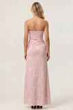 Sage Green Sheath Strapless Ruched Floral Jacquard Long Bridesmaid Dress with Side Slit