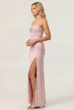 Sage Green Sheath Strapless Ruched Floral Jacquard Long Bridesmaid Dress with Side Slit
