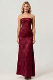 Sage Green Sheath Strapless Ruched Floral Jacquard Long Bridesmaid Dress with Side Slit