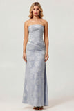 Sage Green Sheath Strapless Ruched Floral Jacquard Long Bridesmaid Dress with Side Slit