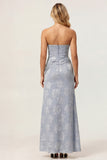 Sage Green Sheath Strapless Ruched Floral Jacquard Long Bridesmaid Dress with Side Slit