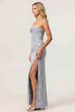 Sage Green Sheath Strapless Ruched Floral Jacquard Long Bridesmaid Dress with Side Slit