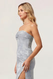 Sage Green Sheath Strapless Ruched Floral Jacquard Long Bridesmaid Dress with Side Slit