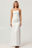 Sage Green Sheath Strapless Ruched Floral Jacquard Long Bridesmaid Dress with Side Slit