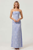 Sage Green Sheath Strapless Ruched Floral Jacquard Long Bridesmaid Dress with Side Slit