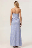 Sage Green Sheath Strapless Ruched Floral Jacquard Long Bridesmaid Dress with Side Slit