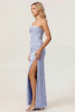 Sage Green Sheath Strapless Ruched Floral Jacquard Long Bridesmaid Dress with Side Slit
