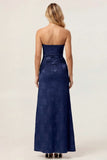 Sage Green Sheath Strapless Ruched Floral Jacquard Long Bridesmaid Dress with Side Slit