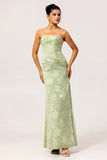 Sage Green Sheath Strapless Ruched Floral Jacquard Long Bridesmaid Dress with Side Slit