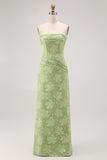 Sage Green Sheath Strapless Ruched Floral Jacquard Long Bridesmaid Dress with Side Slit